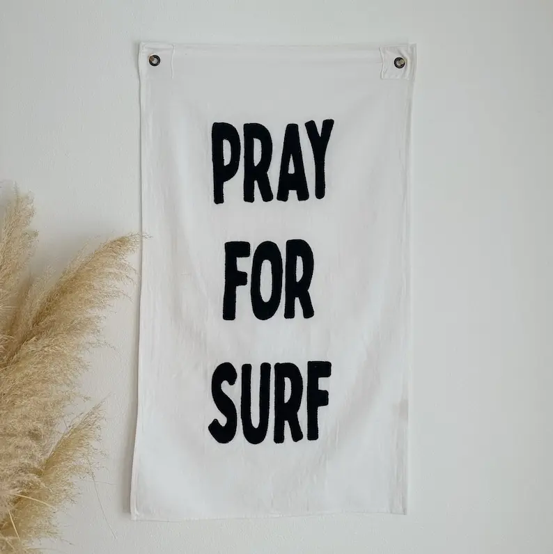 Pray For Surf Wall Tapestry | Embroidered Cotton Canvas | Retro Beach Boho Decor for Home, Nursery | Coastal Hippie Art Gift 22"x36"