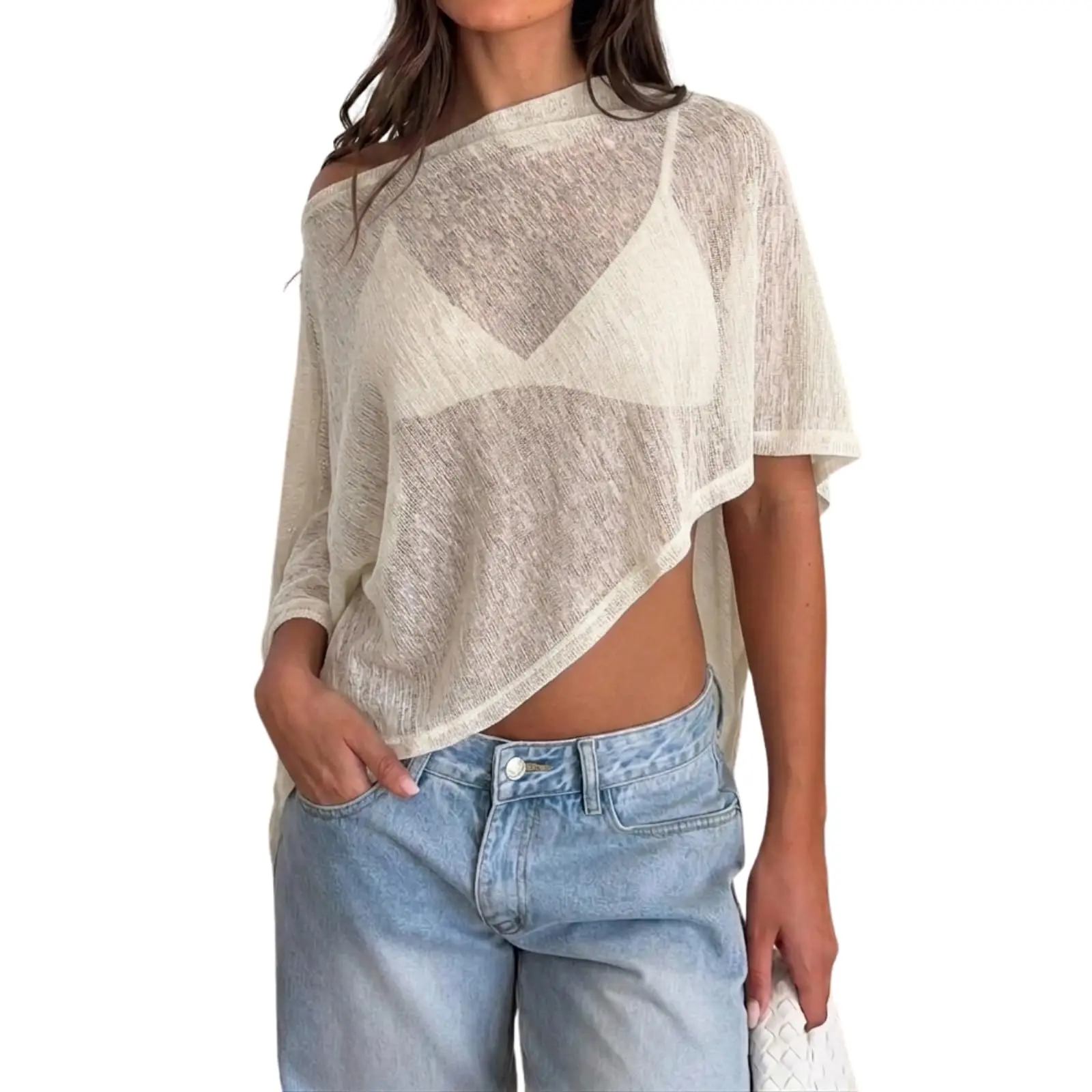 Women Sheer Poncho Top Lightweight Crochet Knit Beach Cover Up Boho Mesh Shawl Summer Festival Vacation Outfits
