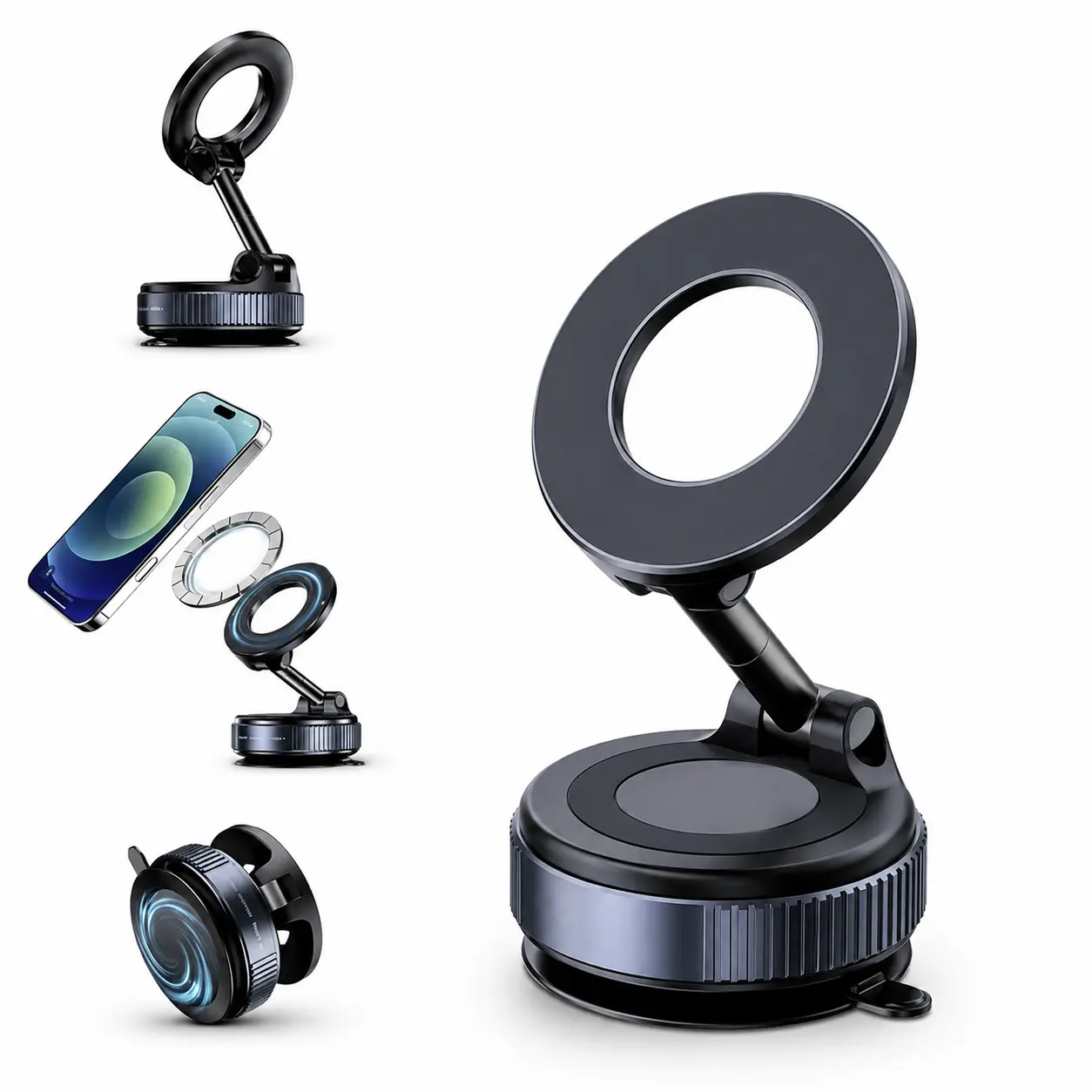 **Magnetic Car Phone Mount, 360° Rotatable Adjustable Foldable Vacuum Suction Phone Holder, Universal Cell Phone Holder for iPhone & Android, Strong Magnetic Grip**