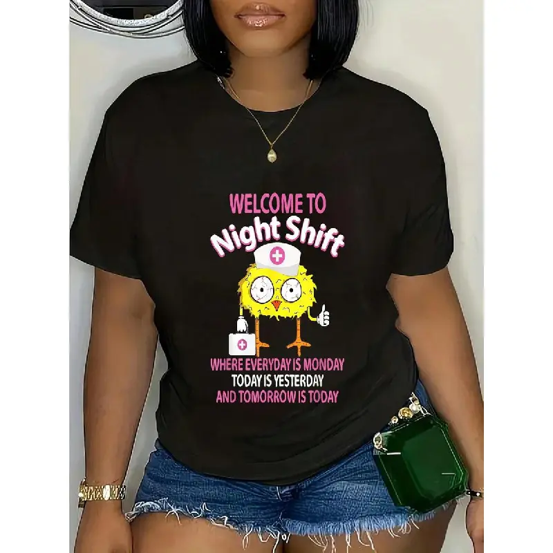 Women's 100% Cotton Casual Fitted Round Neck Short-Sleeve Tshirt - Printed Graphic Night Shift Theme Nurse Top for BSN LPN CNA, Funny "Welcome to Night Shift" Tee, As Photos