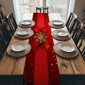 1pc Christmas Themed Table Runner Classic Red with Shimmering Snowflakes Elegant Bow Design Golden Snowflake Accents for Festive Atmosphere Perfect for Christmas Dinners and More Adds Warmth and Romance To Your Table Setting Creating A Rich