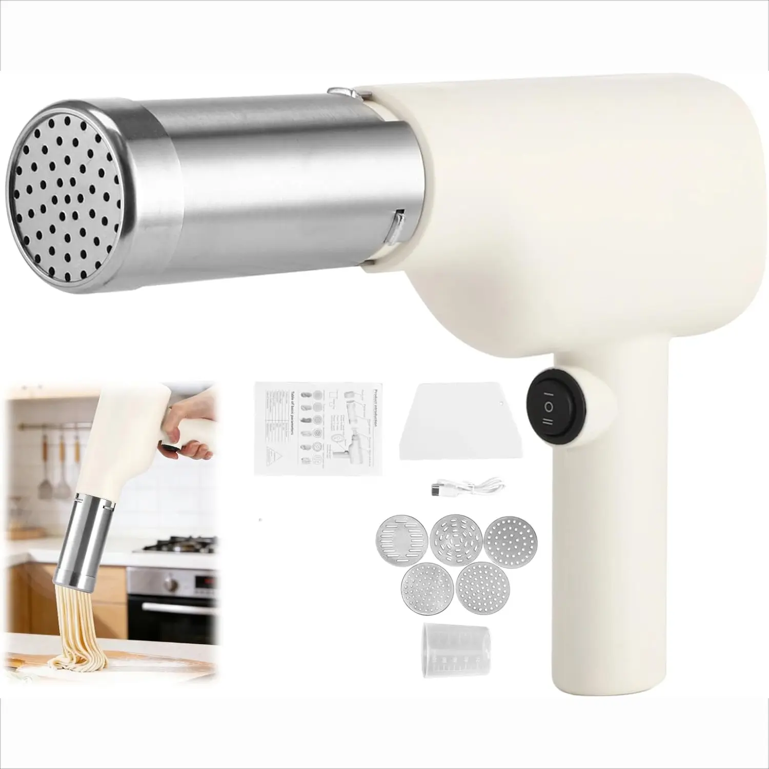 5-in-1 Rechargeable Battery Cordless Handheld Automatic Electric Pasta Maker with 5 Shaping Discs for Home Kitchen, Restaurant Use (Multiple Shapes Available)