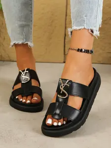 Women's 2026 New Metal Logo Thick Sole Sandals, Versatile Outdoor One-Strap Slippers, Summer Street/beach Vacation Shoes