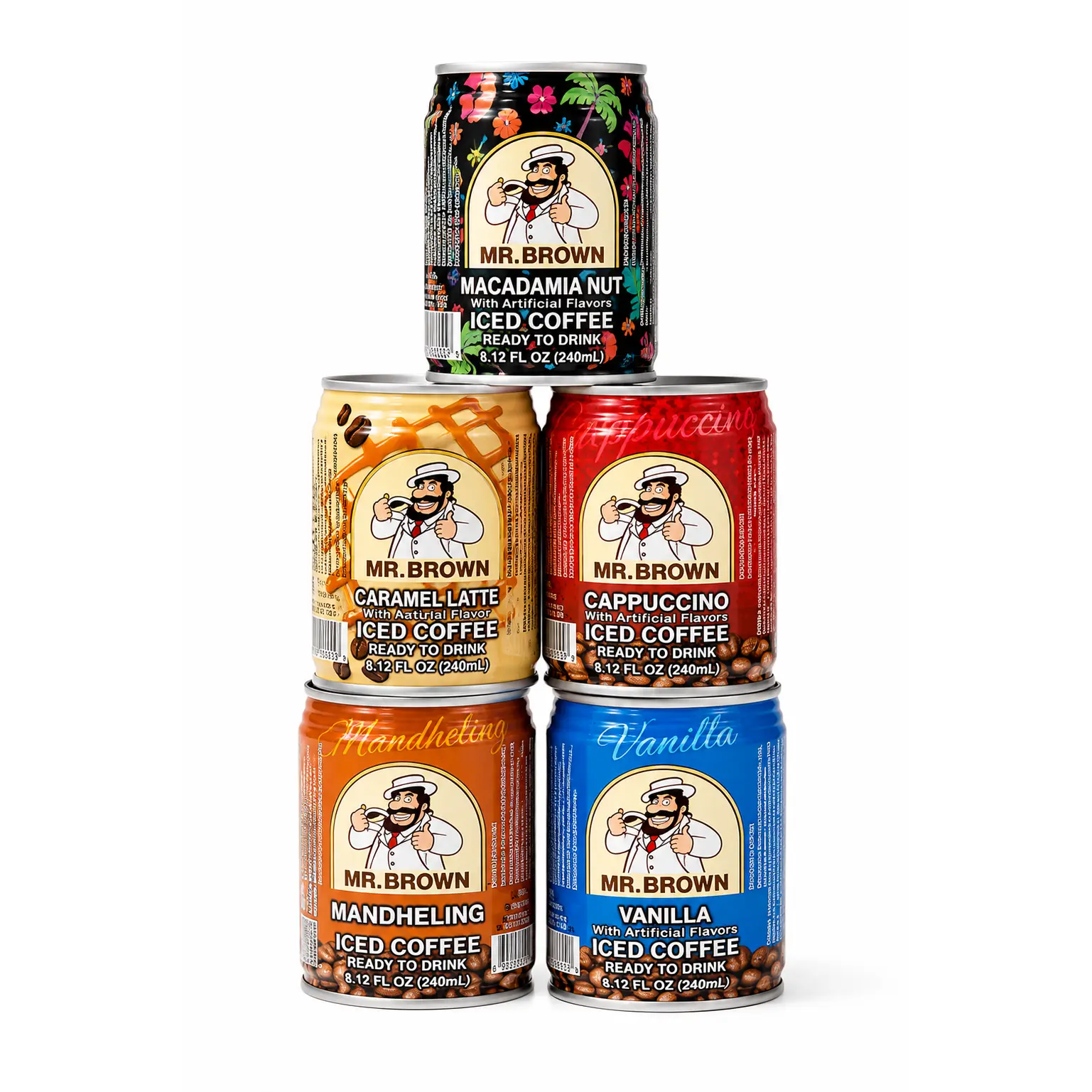 5 for $10 - Mr. Brown Iced Coffee Variety Pack - Macadamia Nut, Caramel Latte, Cappuccino, Mandheling, Vanilla - Ready to Drink 12 Fl. Oz. Cans