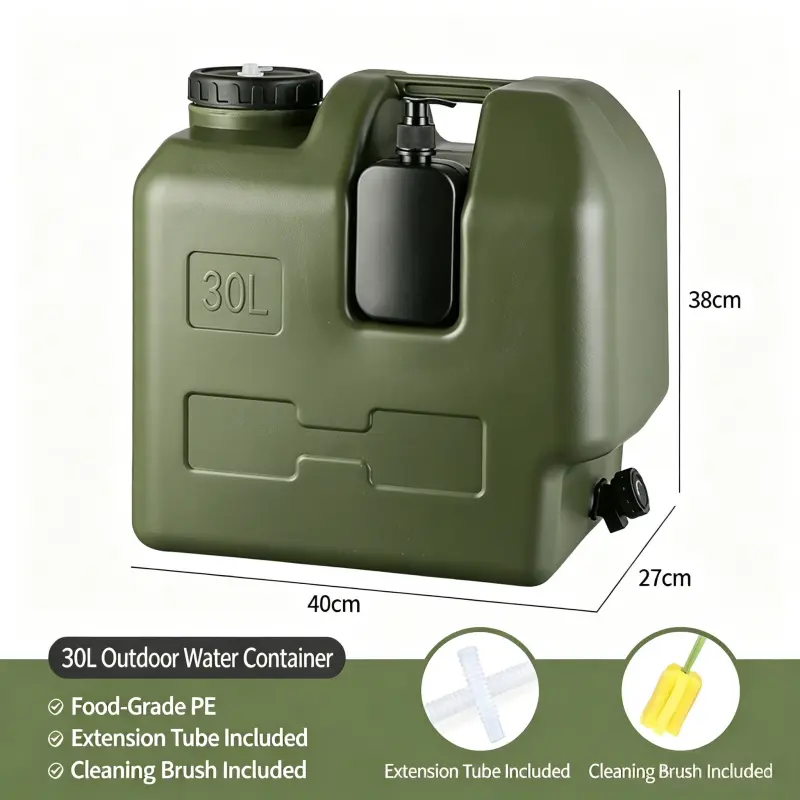 30L Food Grade PE Outdoor Water Container with Tap, Thickened Portable Water Storage Jug, Leakproof Emergency Water Tank with Complete Accessories for Camping Self-Driving Home Reserve