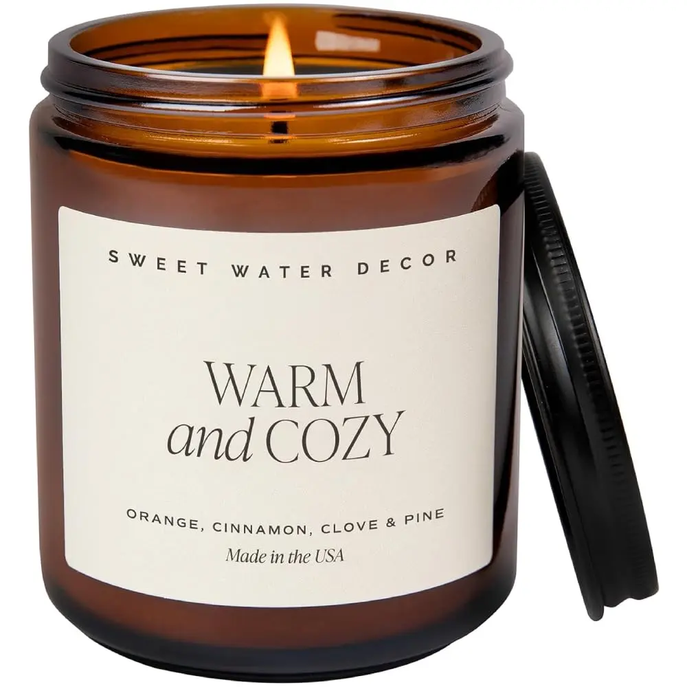 Warm and Cozy Soy Candle - Orange Peel, Cinnamon, Ginger and Clove Scented Candles for Home - Sweet Water Decor