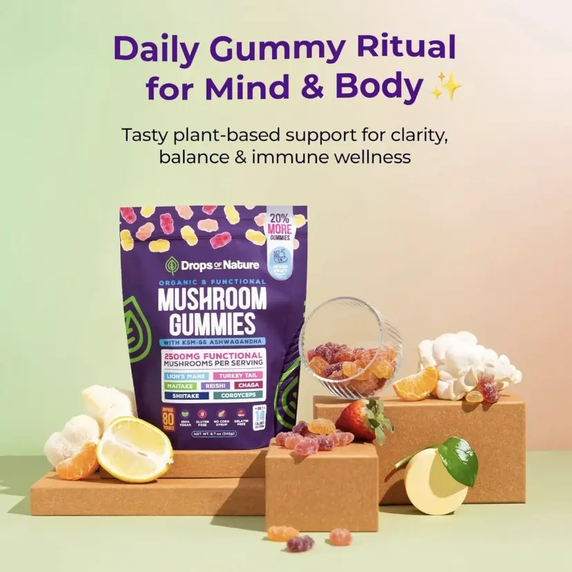 Drops Of Nature Mushroom Complex Gummies with KSM-66 Ashwagandha, Lion's Mane, Reishi, Cordyceps, Chaga, Maitake, Shiitake, Turkey Tail, Mixed Fruit Flavor, 80-Count Healthcare Natural Dietary Supplement