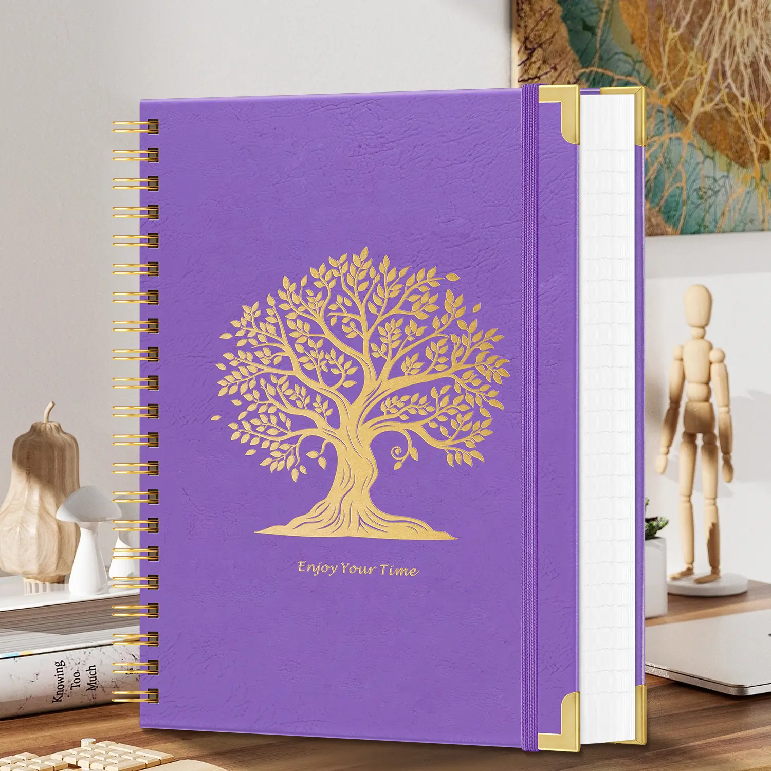 A4 Spiral Notebook Journal with Classic Ruled Paper, 8.5"x11" Large 300-Page 100GSM Thick No-Bleed Paper, Waterproof Leather Tree-Design Cover for Women, Men