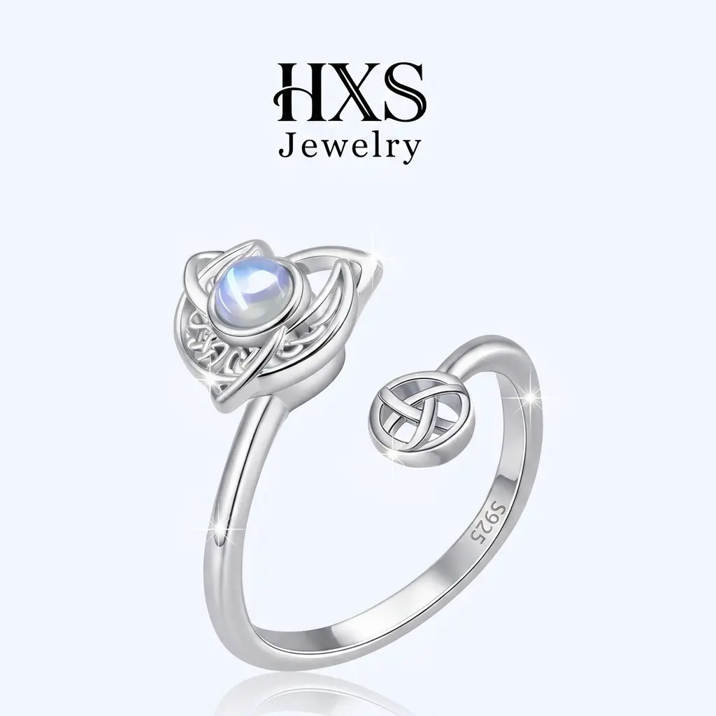 S925 Sterling Silver Celtic Knot Open Adjustable Ring for Women, Glowing Moonstone Center Stone, Classic Irish Hollow Celtic Knot Design, Open Wrap Resizable Band, Vintage Witchy Spiritual Jewelry for Daily Wear & Gift for Her