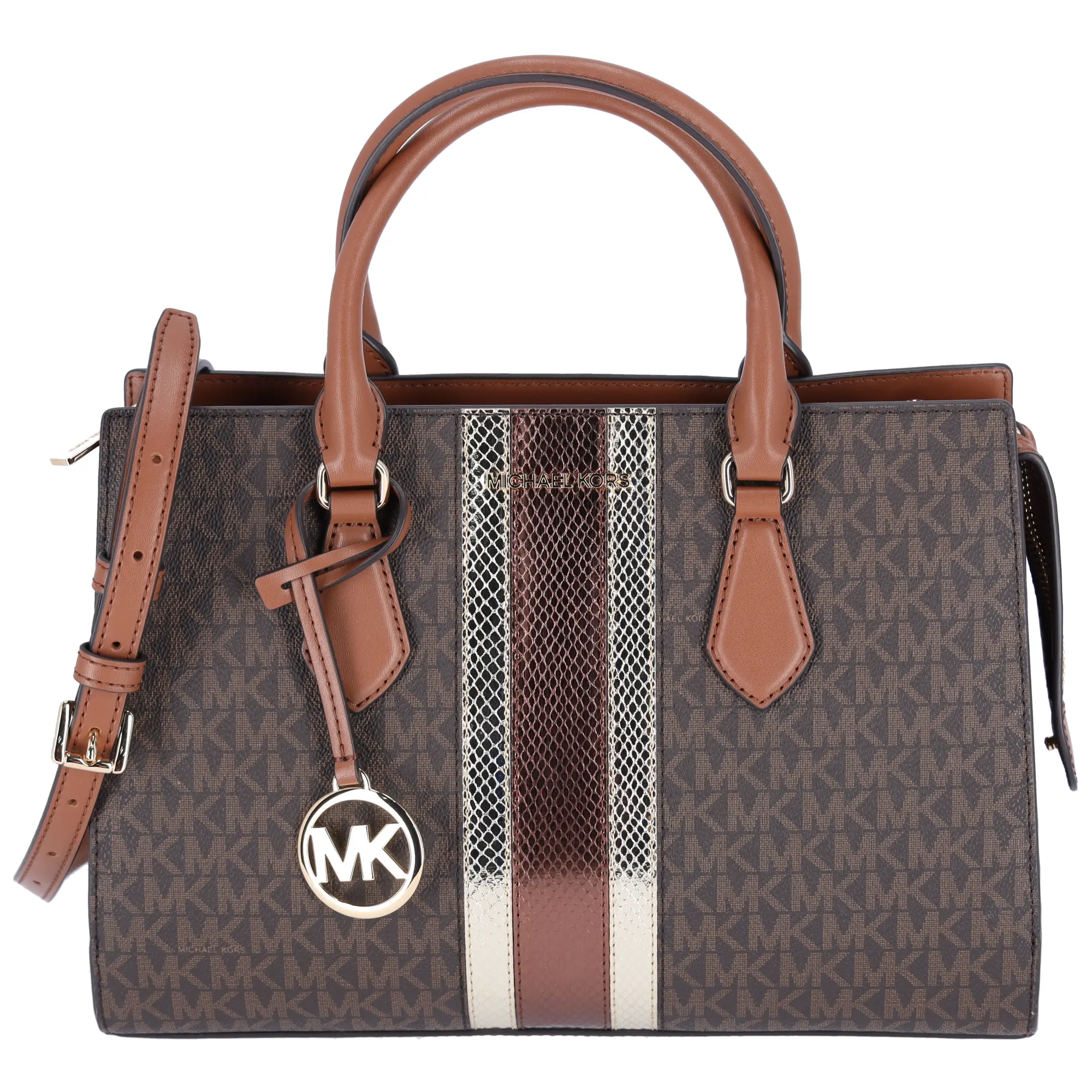 Pre-owned MICHAEL KORS PVC Tote Bags Sheila Medium Signature Logo and Metallic Satchel Brown Gold