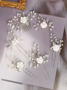 6-Piece Silver Color Leaf Pearl Flower Hair Comb Set, Handmade Bridal Headpiece for Wedding Evening Parties, Elegant Hair Accessories