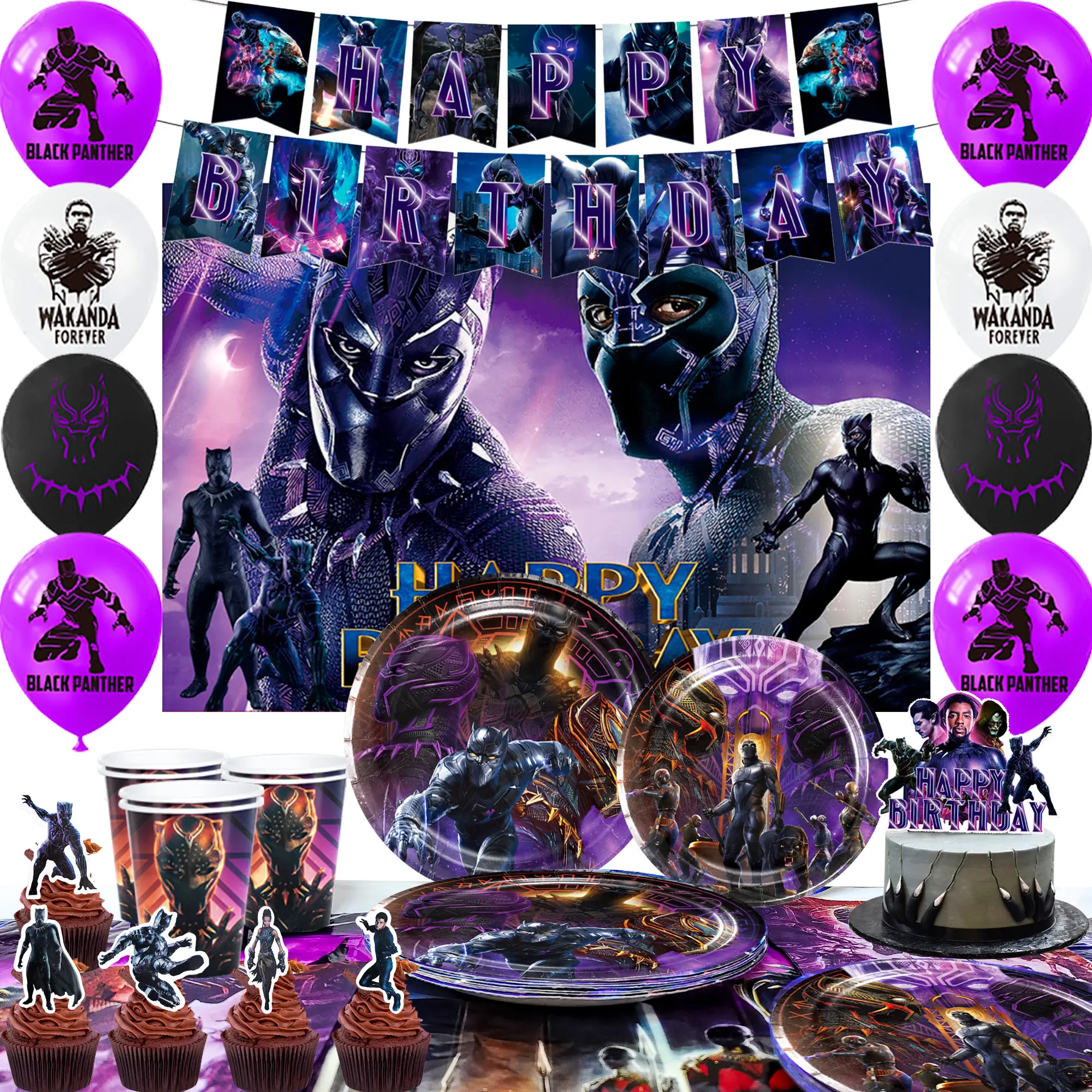 Black Panther Birthday Party Supplies, 112 Pcs Party Decoration Tableware Set - Black Panther Balloons Background Banner Tablecloth Plates etc. Black Panther Theme Party Supplies