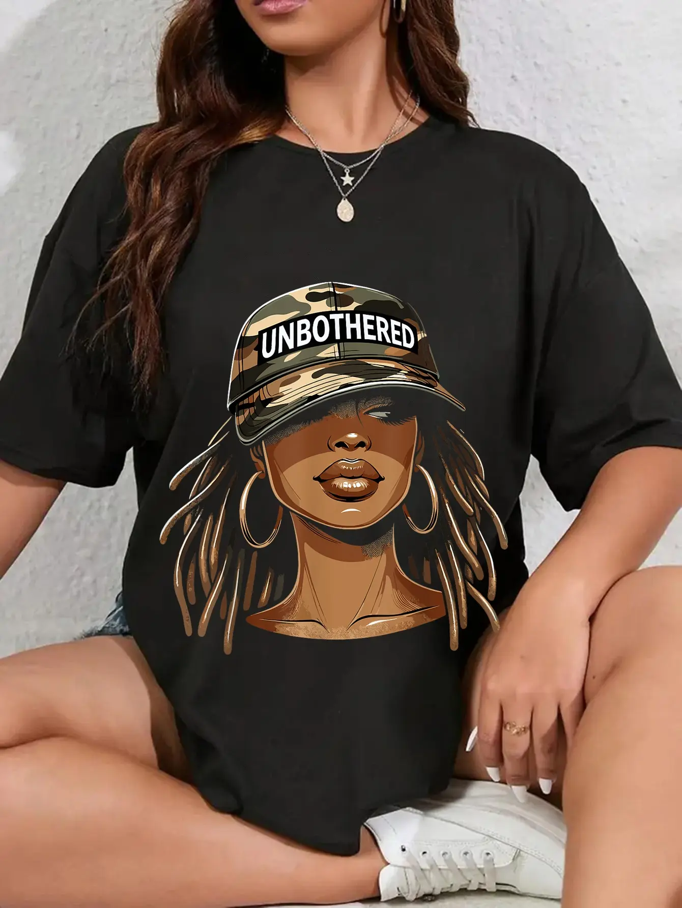 Men's 100% Cotton Unisex Streetwear Graphic T-Shirt - Casual Everyday Wear, Unbothered Black Woman With Cap Camo Afro Design, Top, Tshirt, Vintage, Unisex Fit