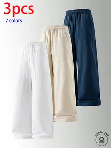3-pack men’s pure cotton long pants: loose straight casual pants, sweatpants/joggers, featuring a drawstring waistband design. Available in multiple colors. Suitable for home lounging, daily commuting, outdoor walks, short trips, camping—versatile casual