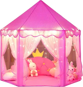 Summer Spring Gift Princess Castle Play Tent for Girls Large Kids Play Tents Hexagon Playhouse with Star Lights Toys for Children Indoor Games (Pink)
