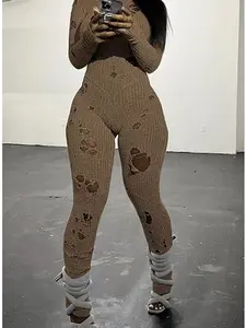 Distressed knit jumpsuit womenswear romper sexy lace up