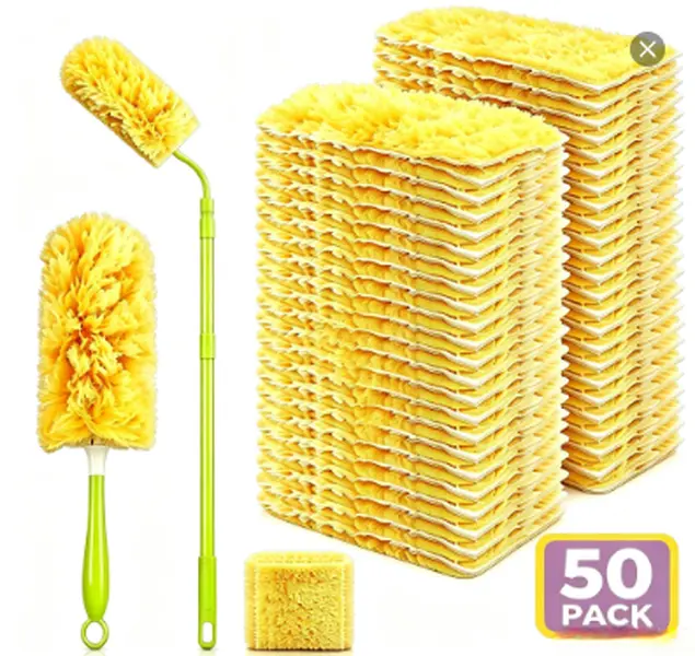 50 Count Heavy Duty Duster Compatible with Swiffer Duster, Disposable Microfiber Duster Refills with 1 Short Handle and 1 Extendable Handle