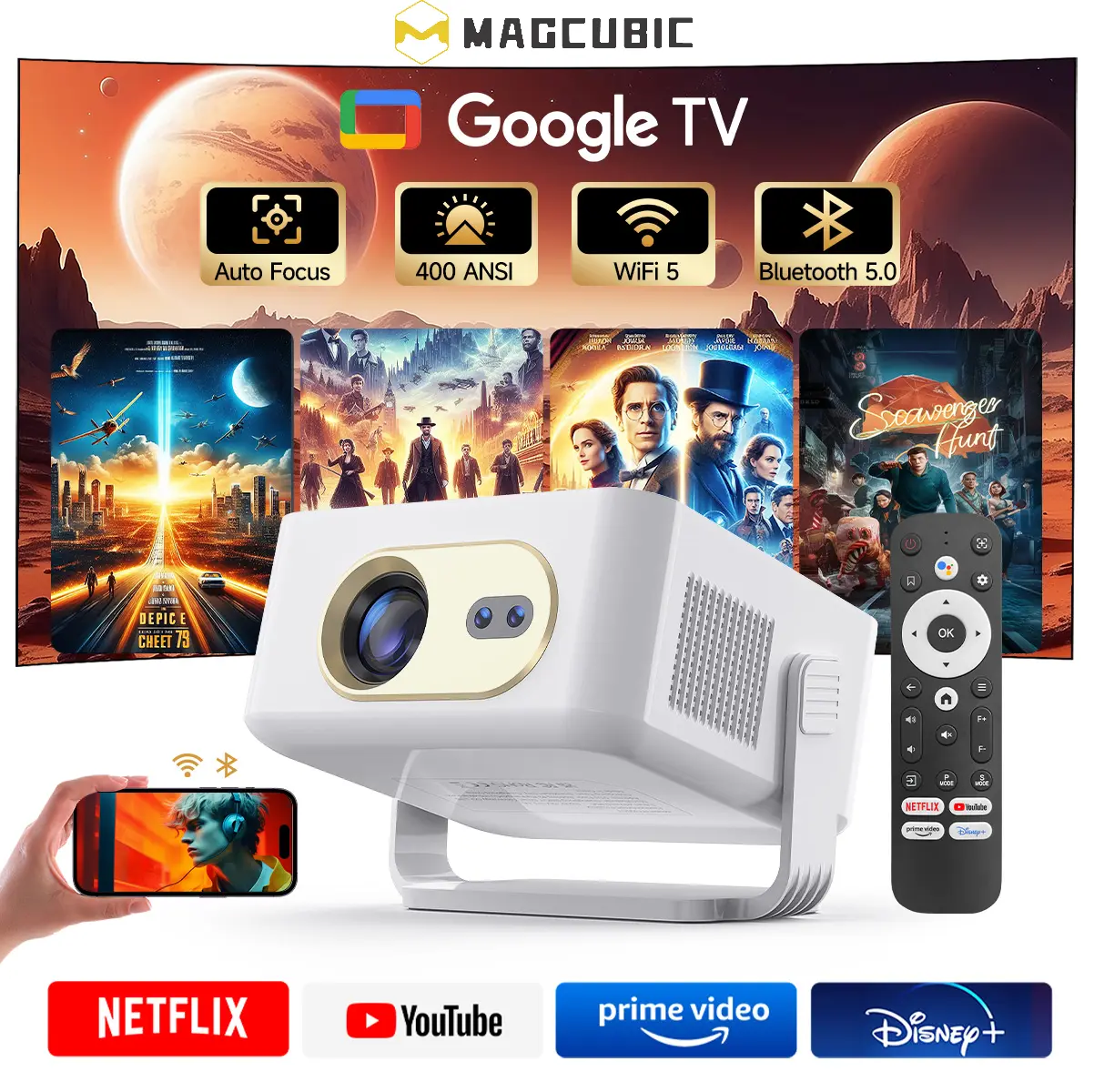 [Google TV stick Bundled] Magcubic HY300GT Projector with Officially Certificated Google TV Auto Focus 400ANSI Google Voice Assistant Built-in 5W Speaker WiFi5 BT5.0 Allwinner H137 Google Cast 0.8:1 Short Throw Ratio #TikTokShopBackToSchool