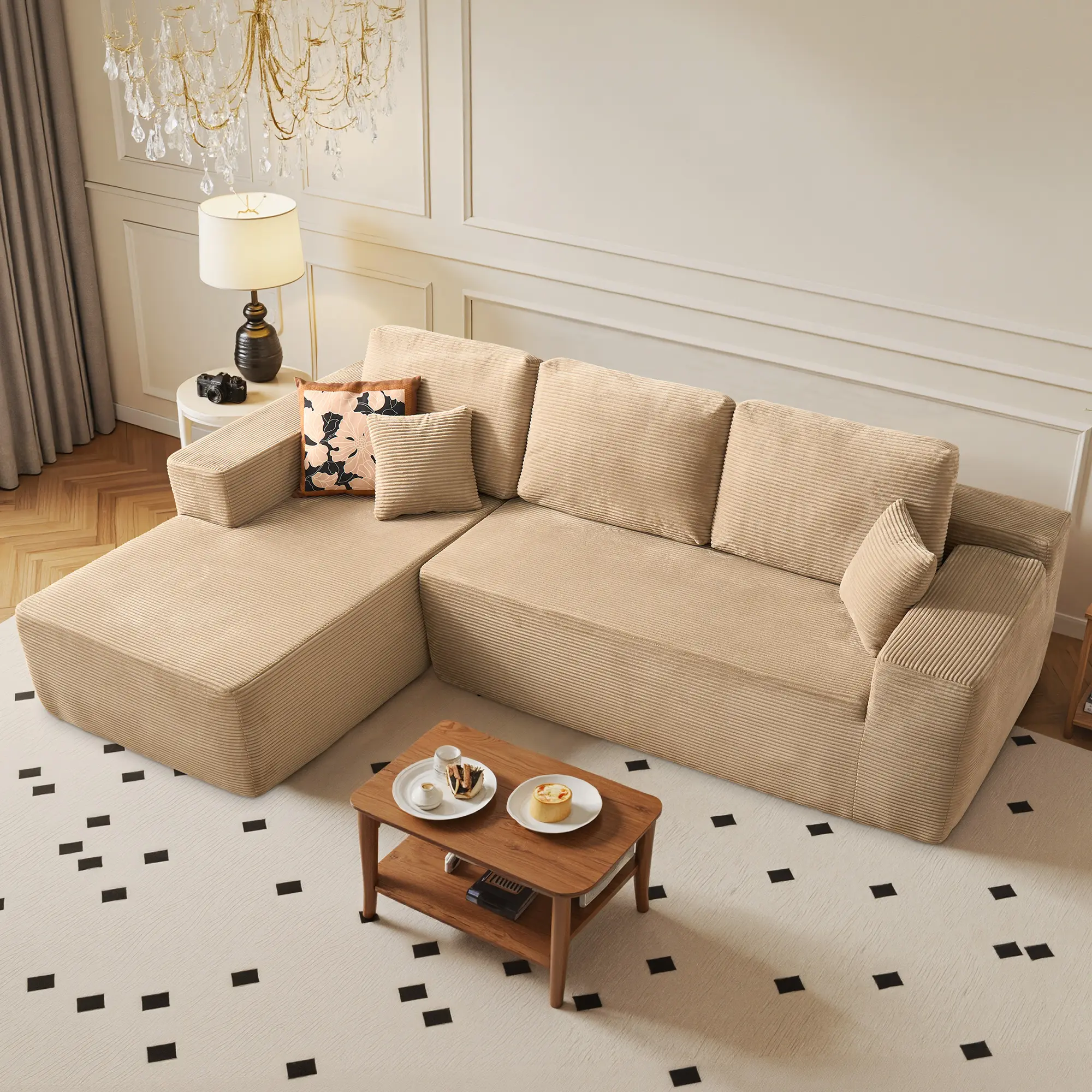 ALLWEX 106" L Shaped Modular Sectional Sofa, Oversized Deep Seat Couch for Living Room with Soft Plush Corduroy Fabric, No Assembly Required, Ottoman Sold Separately for Customizable Setup