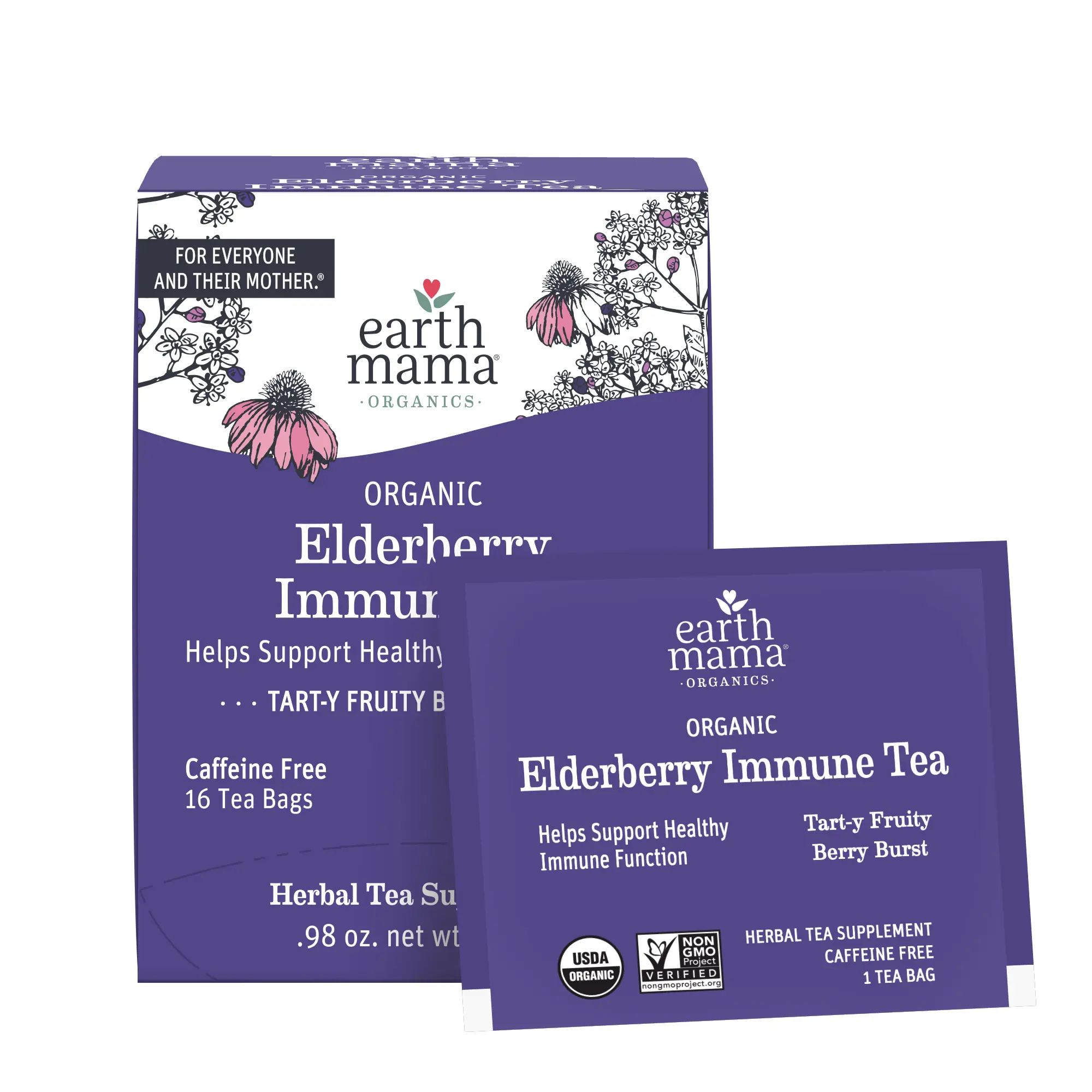 Earth Mama Organic Elderberry Immune Tea – USDA Certified Organic Herbal Tea with Echinacea, Ginger & Rooibos – 16 Tea Bags