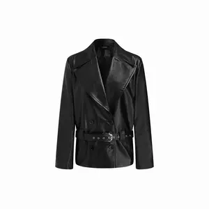Cider Faux Leather Collar Double Breasted Biker Jacket With Belt Dealsforyou
