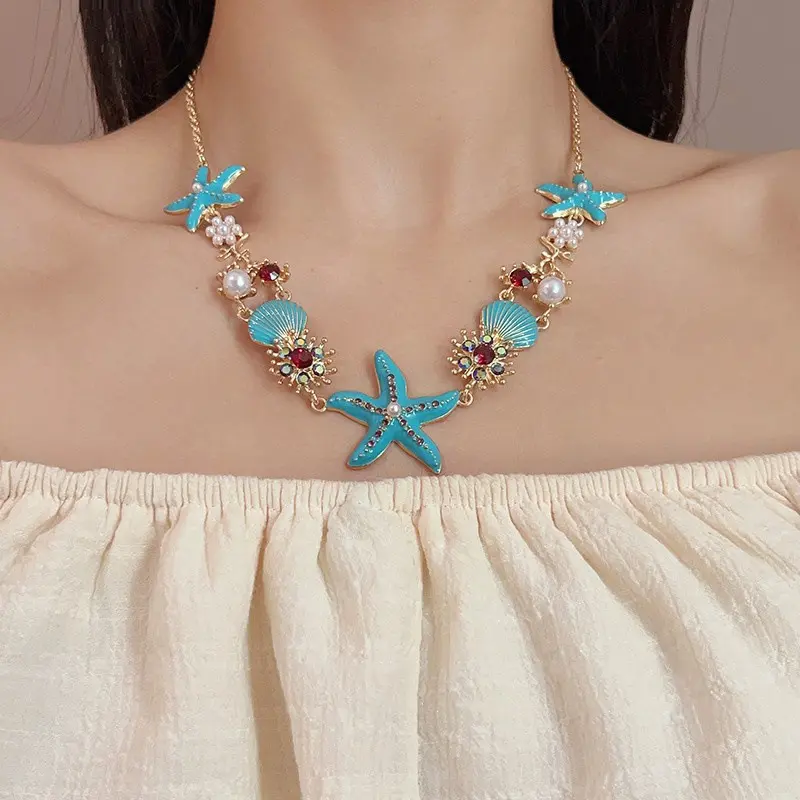 Boho Starfish & Pearl Charm Necklace for Women, Tarnish-Resistant Alloy, Adjustable & Hypoallergenic for Coastal Beach Vacations, Seashell Pattern Jewelry Sets