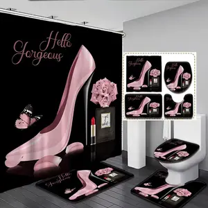 1/4pcs Valentine's Day Pink High Heels Rose Lipstick Pattern Shower Curtain Set, Bathroom Supplies, includes non-slip mat, U-shaped rug, and toilet seat cover. Perfect for bathroom decoration, partitioning. Comes with 12 shower curtain hooks