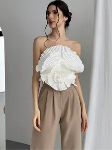 Women's Pleated Floral Appliques Tube Top, Elegant Chic Fashion Casual Sleeveless Top for Daily Outdoor Wear, Women Clothing for Summer, Womenswear