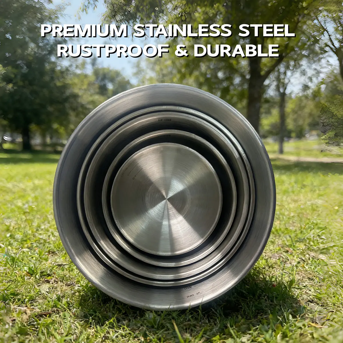 Stackable stainless steel bowls, rustproof metal mixing bowls—a multi‑purpose, durable bowl set suitable for kitchen, outdoor, and other uses.