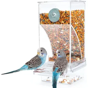 Automatic Bird Feeder, Automatic Gravity Feeder for Small Birds (Parrots, Canaries) - Transparent Acrylic Container Cage, 360° View Arc-Shaped Sliding Design, Mess-Free Feeding System