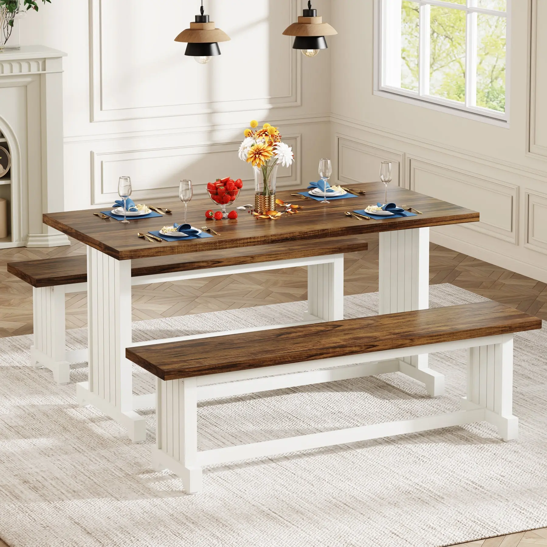 Spaco 3-Piece Rustic Wood Farmhouse Dining Table Set - 3-Piece Dining Room Furniture, Small Indoor Kitchen Table, 2 Restaurant-Style Benches, Floor-Safe Pads, Space-Saving for 2-Person Apartments (Work, Study)