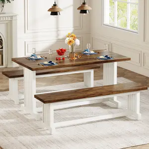 Spaco 3-Piece Farmhouse Dining Table- Small Kitchen Table with 2 Benches for 2 People, Space-Saving Apartment Furniture