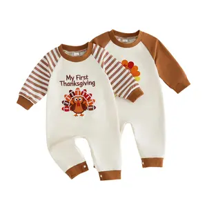 Infant Baby Boy Girls Thanksgiving Romper Letter Turkey Embroidery Long Sleeve Striped Jumpsuit 0-18 Months