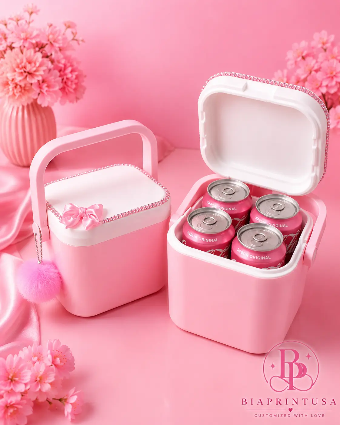 Aesthetic Pink Mini Cooler with Rhinestone Lid, Insulated Hard Shell 4-Can Holder for Women, Portable for Picnics