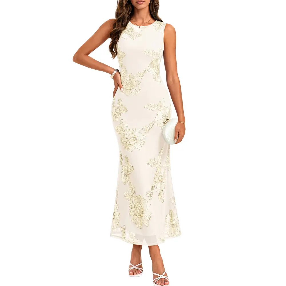 GRACE KARIN Women's Summer Floral Wedding Guest Dresses 2026 Sleeveless Mesh Bodycon Maxi Dress Cocktail Party Long Dresses