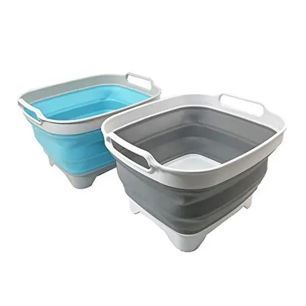 SAMMART 7.5L (2 Gallons) Collapsible Dishpan with Draining Plug - Foldable Washing Basin - Portable Dish Washing Tub - Space Saving y