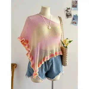 Women's Gradient Striped Shawl, Drop Shoulder Design, Vacation Casual Commute Wear, Summer Air Conditioning Room Hooded Scarf