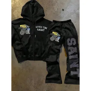 After the Saint Goth Graphic Tracksuit, Streetwear Tracksuit Set, with Avant-Garde Patches and Bold Text, Street Style for Fashion Enthusiasts
