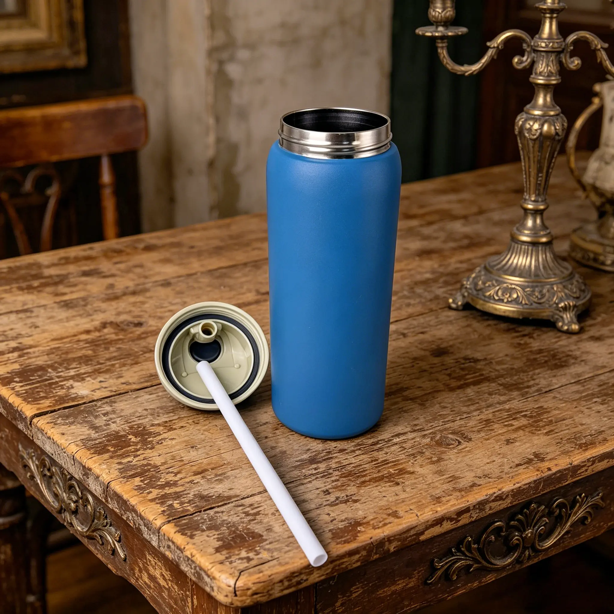 32oz (945ML) Deep Blue Vacuum Flask Tumbler - Portable FreeSip Water Bottle with Straw, 24+ Hr Insulation for Hot/Cold Drinks, Ideal for Camping, Work, Indoor/Outdoor Use (Suitable for Coffee, Frozen Beverages, Exquisite Workmanship)
