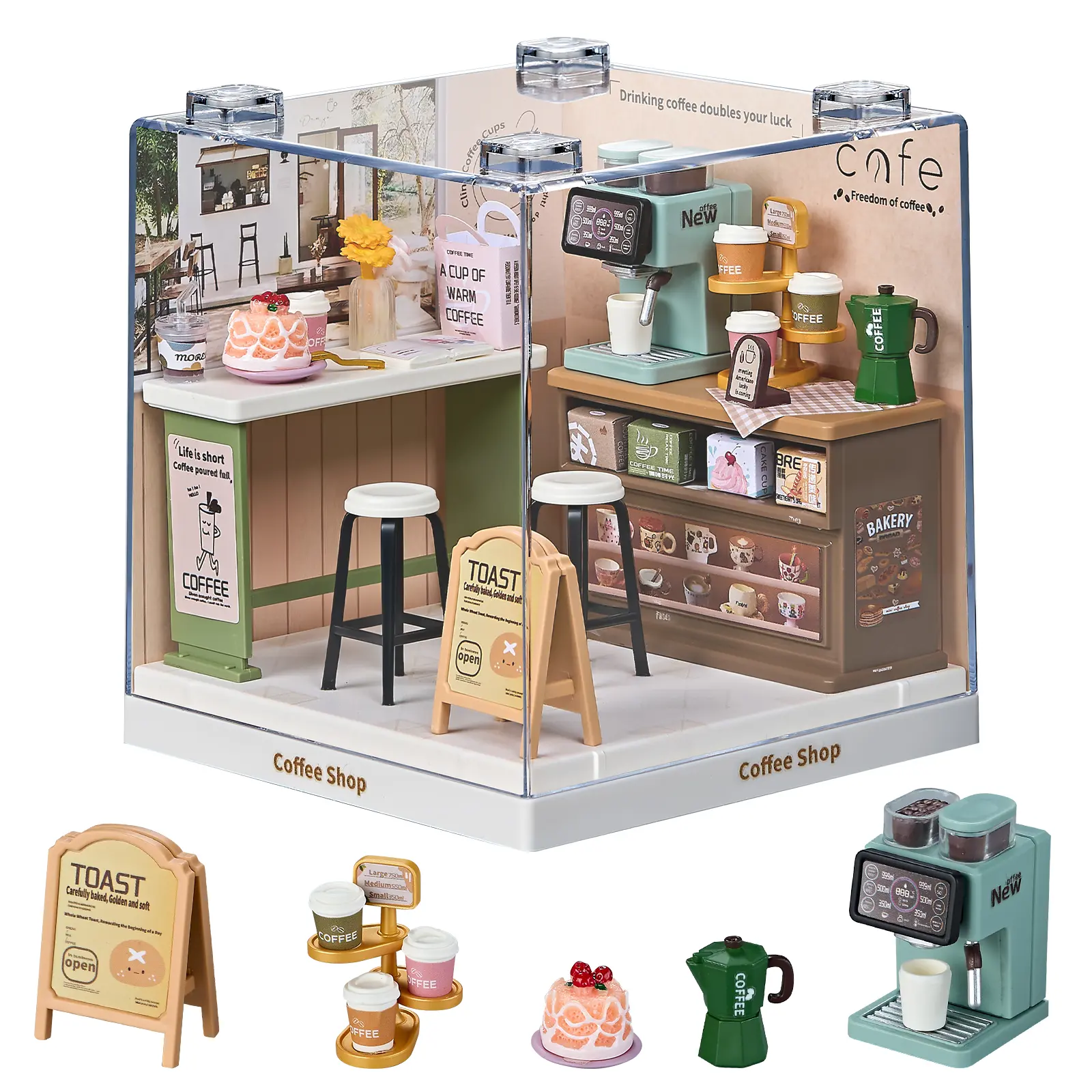 FOOZAC DIY Miniature Doll House Kit, Coffee Shop Dollhouse Furniture for Women, Tiny House Adult Crafts for Women, Birthday Gift Party Present