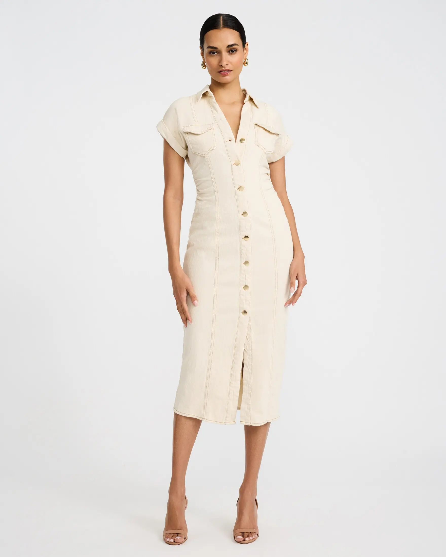 Express Stretch Denim Cap Sleeve Button Front Midi Sheath Dress, Cotton