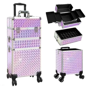 Sekam Lightweight Portable Makeup Organizer, Black Diamond-Texture Rolling Trolley Case with Lockable Aluminum Frame, Detachable Top Case, Large Capacity for Makeup Artists and Mobile Beauty Pros