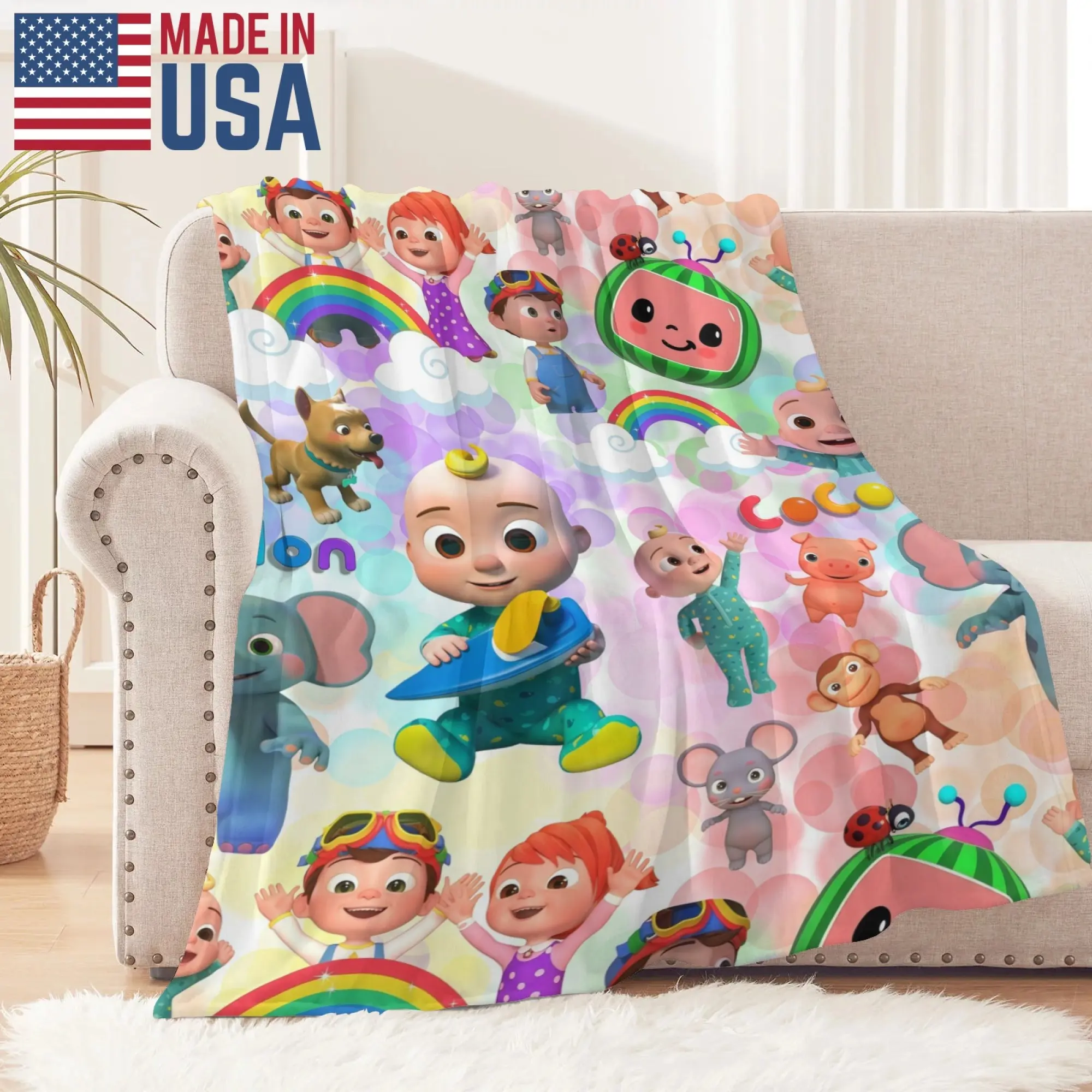 Colorful Cocomelon Character Collage Flannel Throw Blanket, Soft Warm All‑Season Kids Blanket With Rainbow Animal Prints, Perfect Nursery Bedroom Decor And Birthday Gift For Toddlers