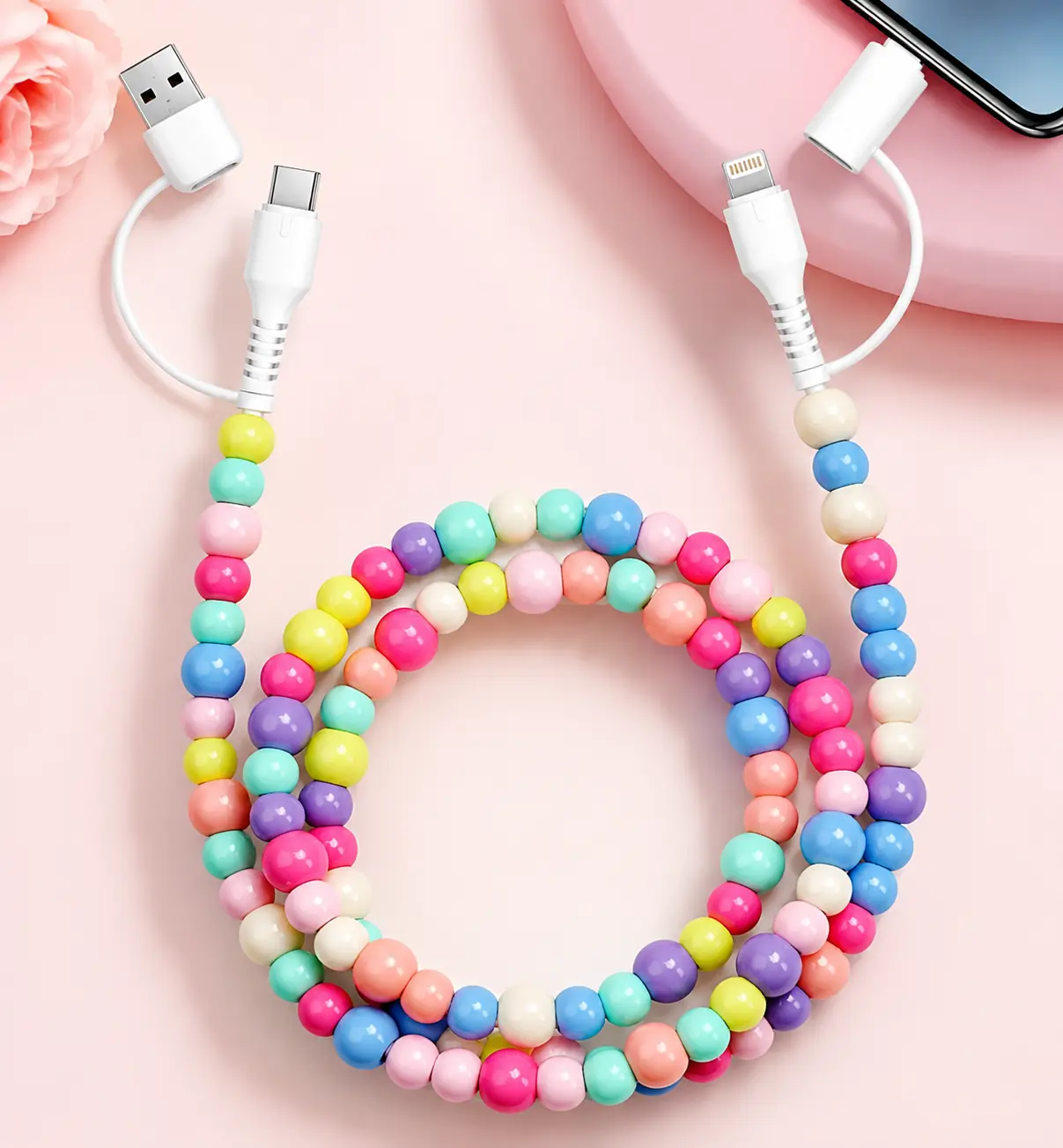 Women's Stylish Colorful Beaded Mobile Phone Charging Cord - MFi-Certified, 3.3ft (1m) Length, USB-C/Lightning Ports, 4-in-1 or 2-in-1 Configurations, Compatible with Smartphones & Cellphones, Smartphone, Charger