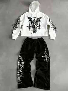 Gothic Dark Street Print Two-Piece Set, Soft Comfortable Home Casual Loungewear, Fitted Geometric Style, Perfect for Relaxing at Home and City, Outfit