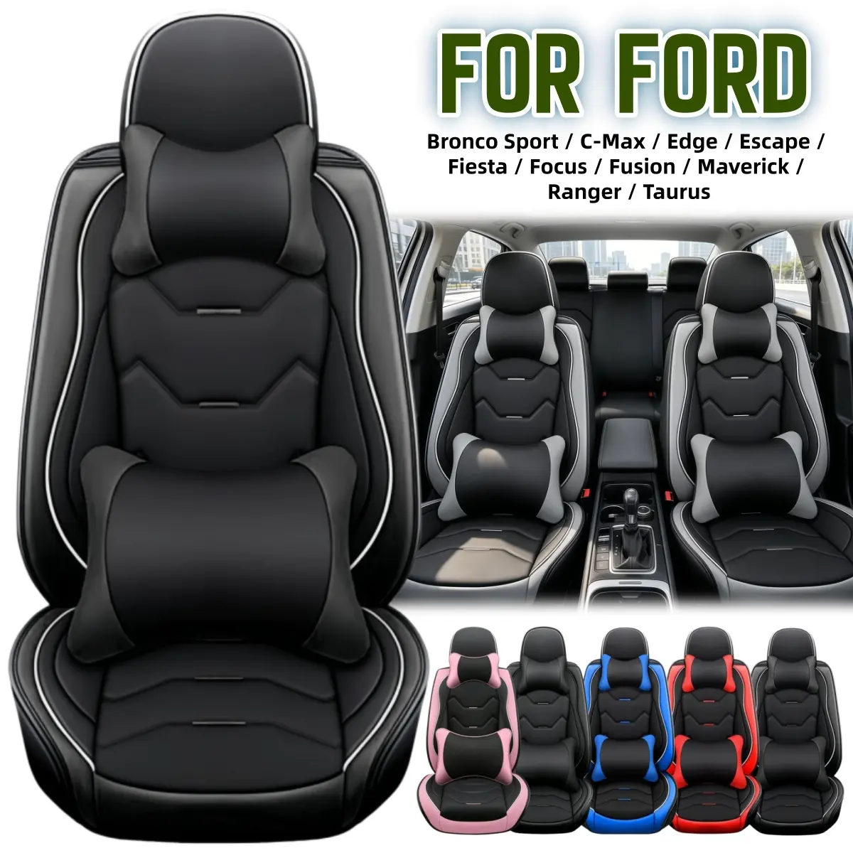 For Ford Bronco Sport / C‑Max / Edge / Escape / Fiesta / Focus / Fusion / Maverick / Ranger / Taurus 5 Seater Luxury Car 5 Seat Covers with Pillows & Storage Bag, Premium Leather Front & Rear Full Set Car Seat Covers Cushion Accessories