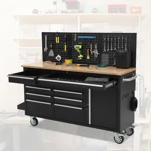 61" Heavy-Duty Rolling Tool Chest with 10 Drawers, Solid Rubber Wood Top Garage Workbench Cabinet, Mobile Tool Kit Set with Power Strip & Lockable Wheels, Mechanics’ Organizer for Workshop & Home, Tools For Mechanics