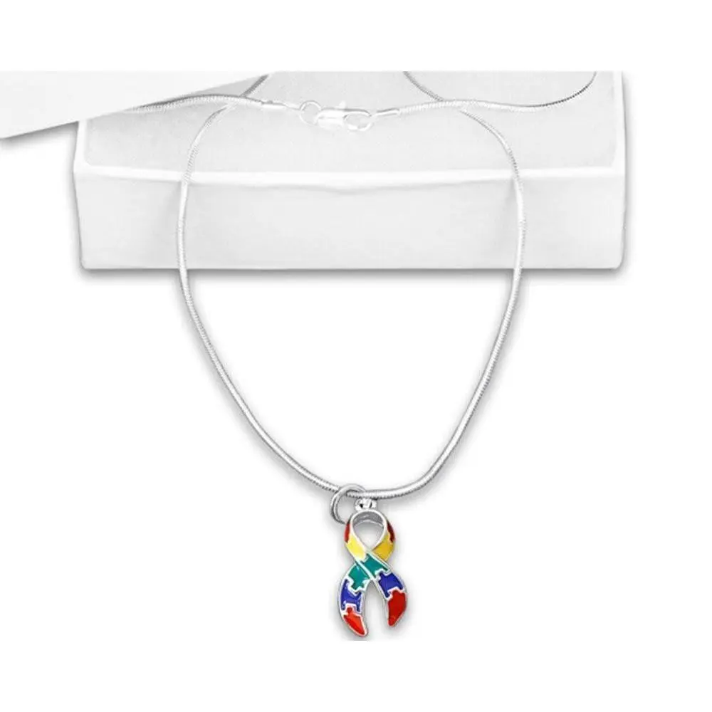 Sterling Silver Autism Awareness Matching Jewelry Set - Puzzle Charm Necklace, Hooped Earrings