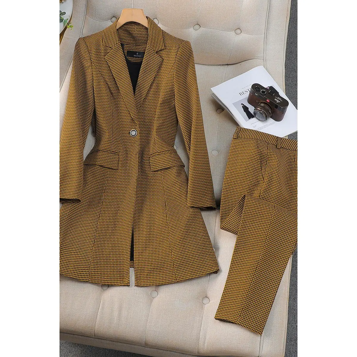 9591 yellow checkered trench coat+pants