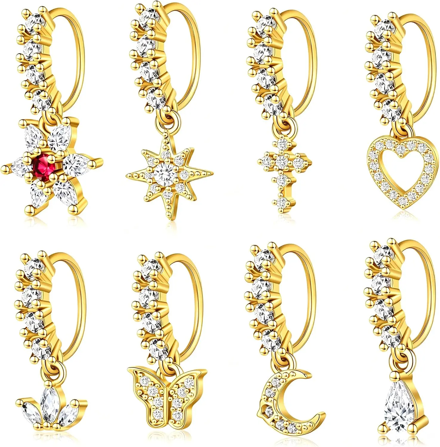 8PCS Stainless Dangle Nose Rings | Hoop for Women Septum, Cartilage, Earring, Flower, Leaf, Star, Butterfly, Daith, Tragus, Helix, Lip Piercing, Golden Daith Tragus Helix Lip Piercing